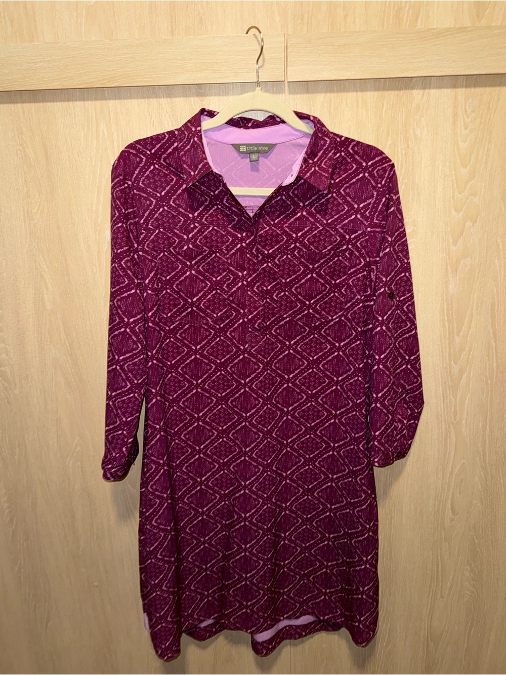 Title Nine Women’s Large Purple Geometric Shirt Dress 3/4 Sleeve Stretch Tunic